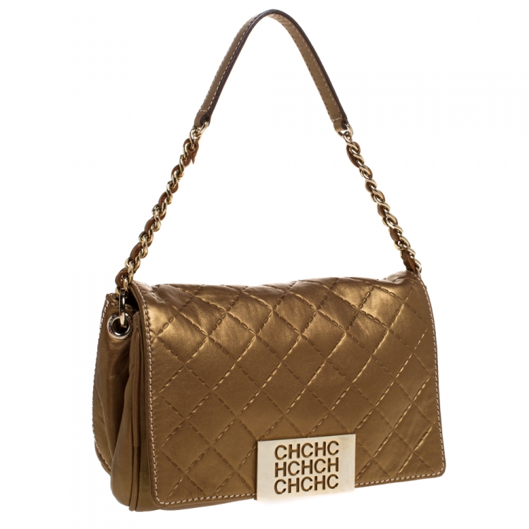 Pre Owned Carolina Herrera Gold Quilted Leather Flap Bag