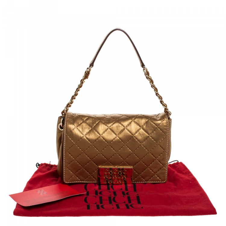 Pre Owned Carolina Herrera Gold Quilted Leather Flap Bag