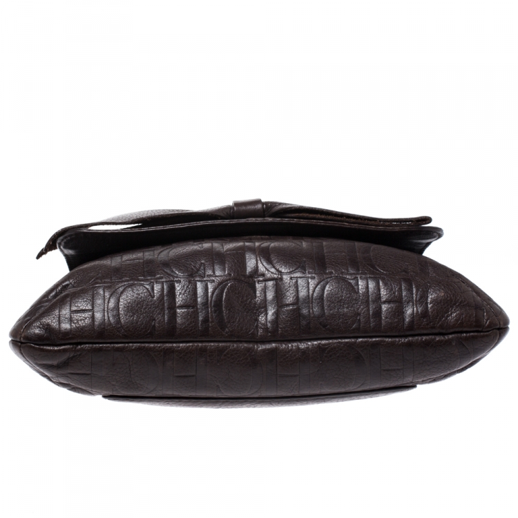 Pre Owned Carolina Herrera Brown Monogram Leather Audrey Shoulder Bag