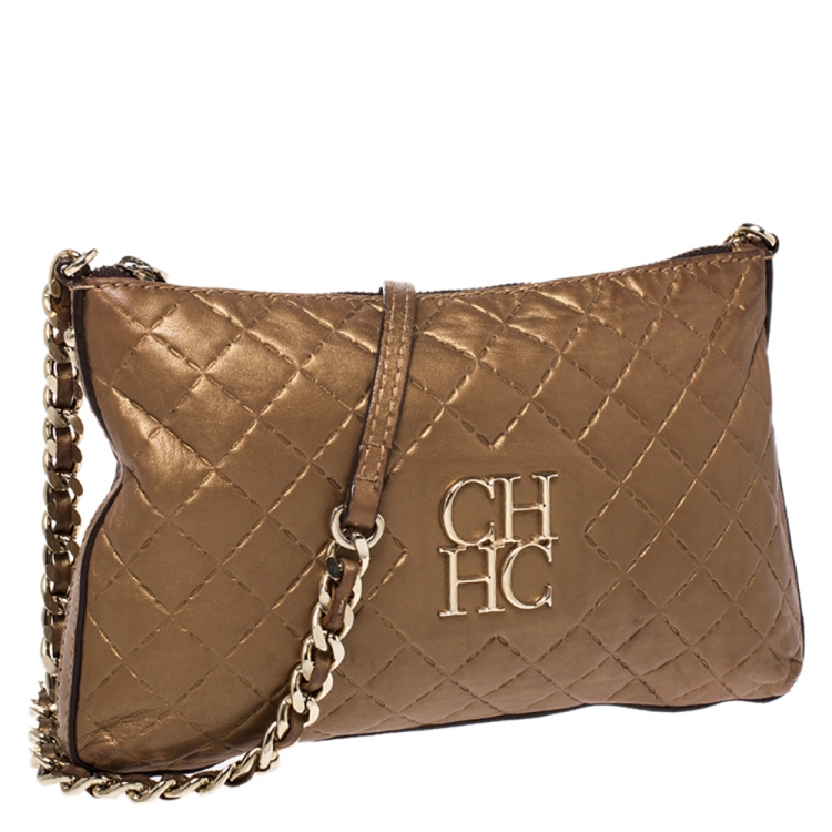 Pre Owned Carolina Herrera Metallic Brown Quilted Leather Shoulder Bag