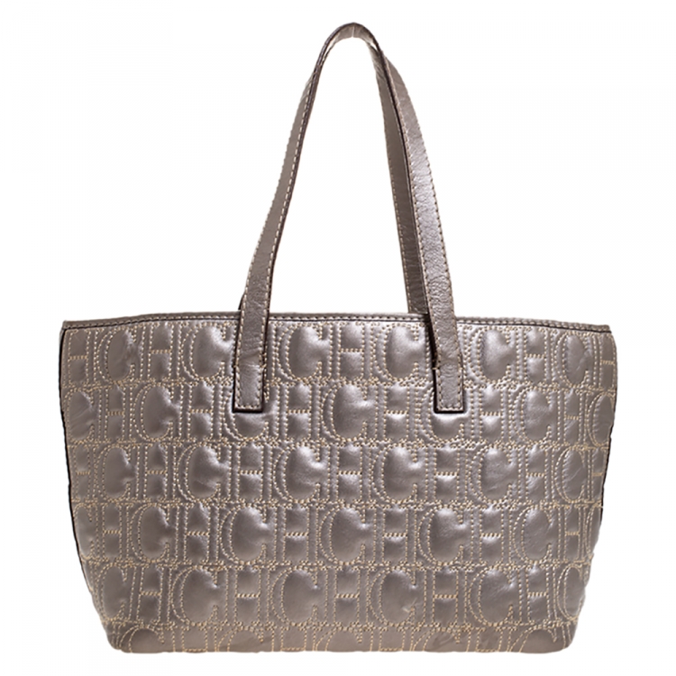 Pre Owned Carolina Herrera Metallic Silver Monogram Leather Shopper Tote