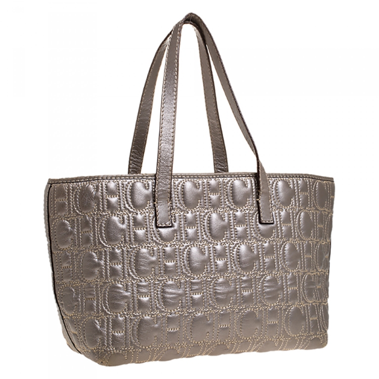 Pre Owned Carolina Herrera Metallic Silver Monogram Leather Shopper Tote