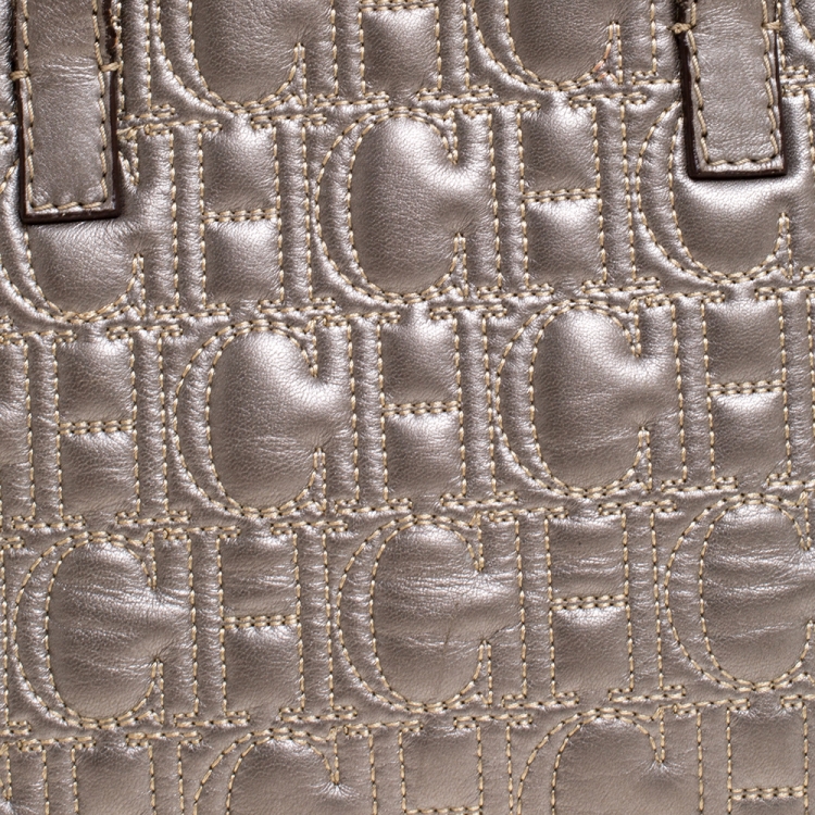 Pre Owned Carolina Herrera Metallic Silver Monogram Leather Shopper Tote