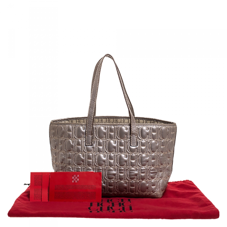 Pre Owned Carolina Herrera Metallic Silver Monogram Leather Shopper Tote