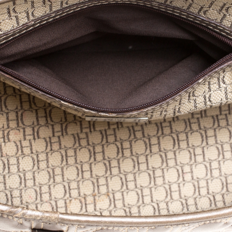 Pre Owned Carolina Herrera Metallic Silver Monogram Leather Shopper Tote