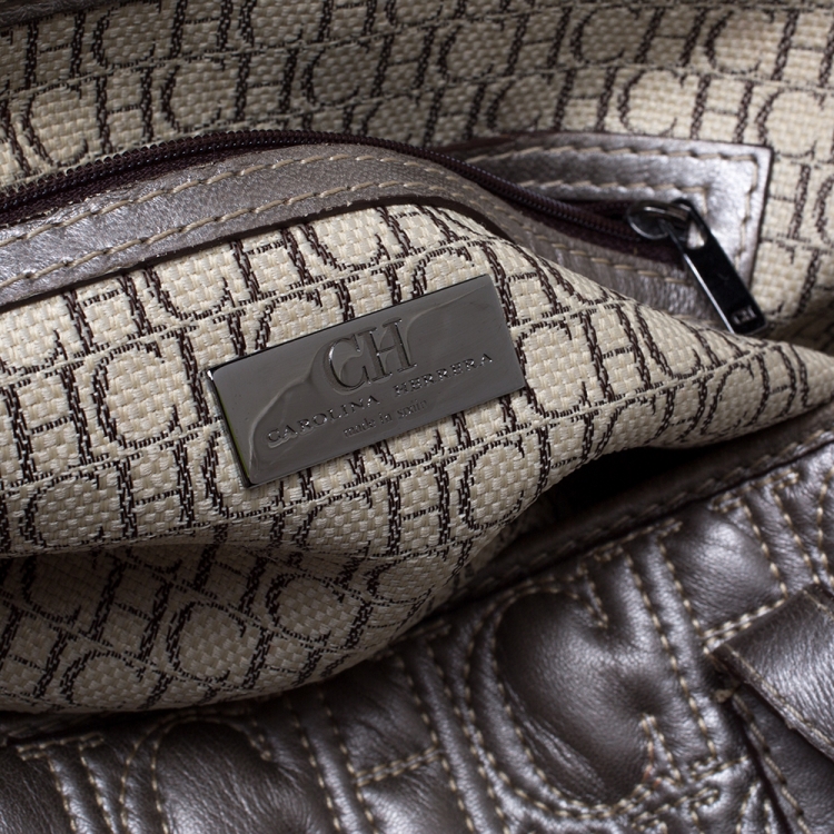 Pre Owned Carolina Herrera Metallic Silver Monogram Leather Shopper Tote