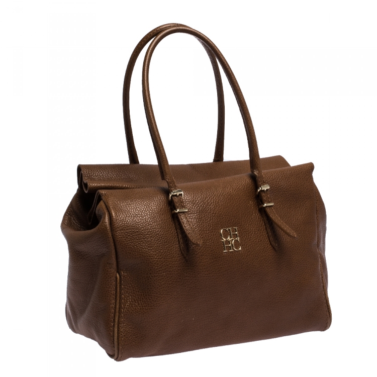 Pre Owned Carolina Herrera Brown Pebbled Leather Satchel