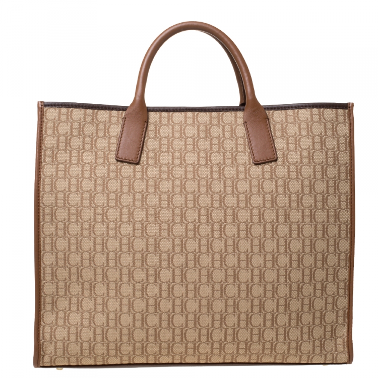 Pre Owned Carolina Herrera Beige/Brown Monogram Canvas and Leather Tote