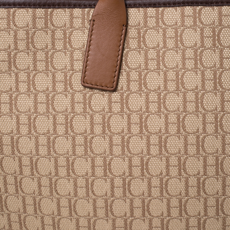 Pre Owned Carolina Herrera Beige/Brown Monogram Canvas and Leather Tote