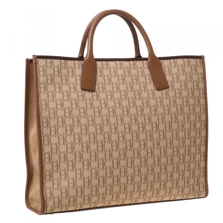 Pre Owned Carolina Herrera Beige/Brown Monogram Canvas and Leather Tote
