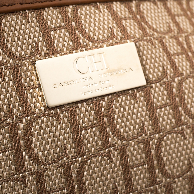Pre Owned Carolina Herrera Beige/Brown Monogram Canvas and Leather Tote