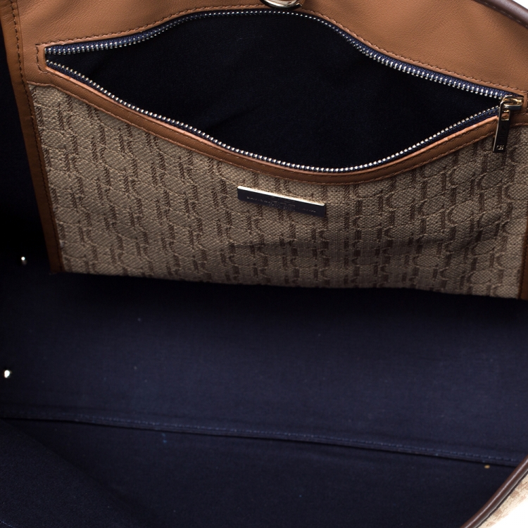 Pre Owned Carolina Herrera Beige/Brown Monogram Canvas and Leather Tote