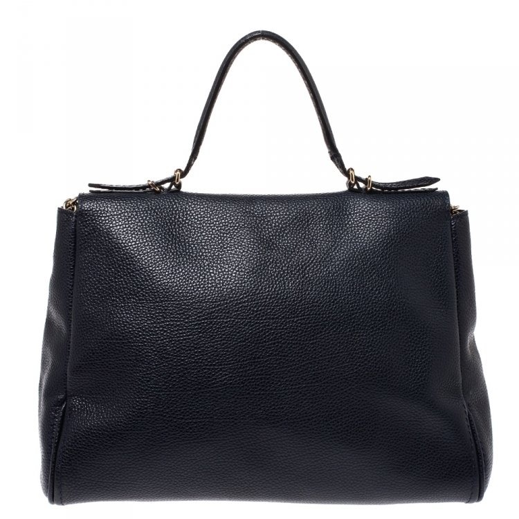 Pre Owned Carolina Herrera Navy Blue Leather Minuetto Flap Top Handle Bag