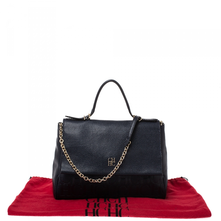 Pre Owned Carolina Herrera Navy Blue Leather Minuetto Flap Top Handle Bag