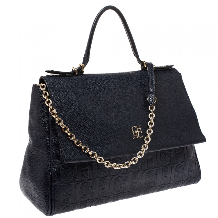 Pre Owned Carolina Herrera Navy Blue Leather Minuetto Flap Top Handle Bag