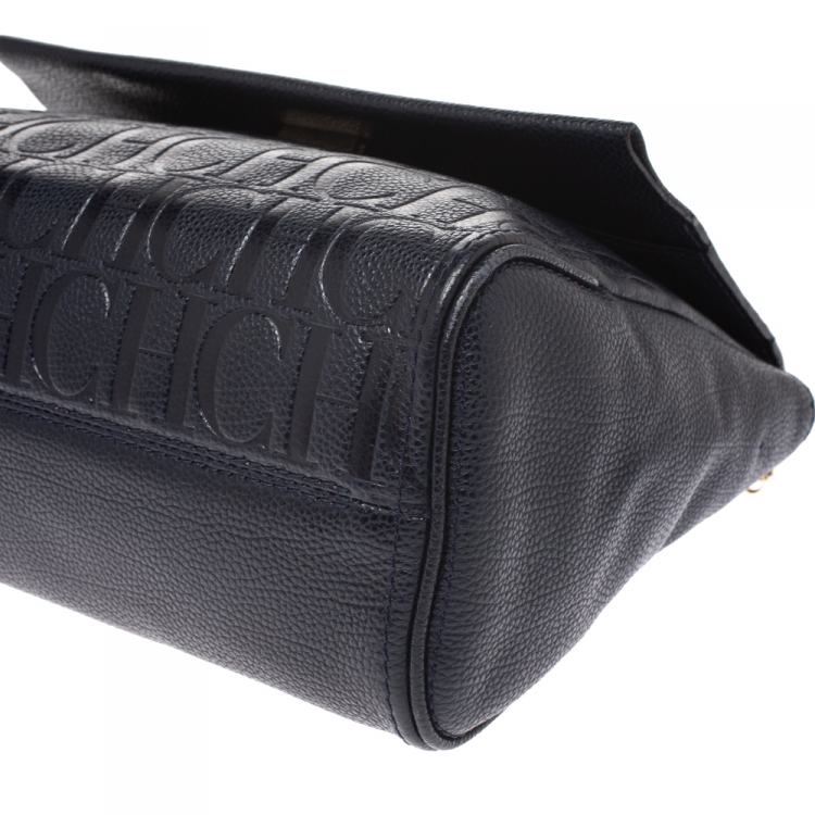 Pre Owned Carolina Herrera Navy Blue Leather Minuetto Flap Top Handle Bag