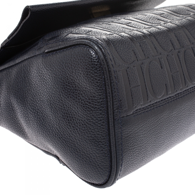Pre Owned Carolina Herrera Navy Blue Leather Minuetto Flap Top Handle Bag