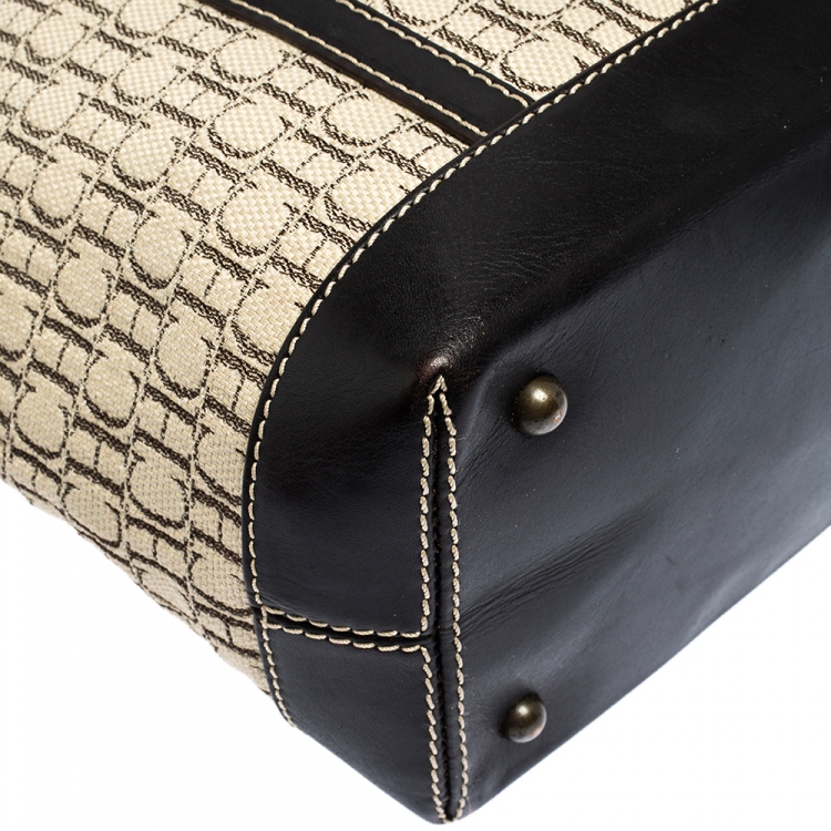 Pre Owned Carolina Herrera Beige/Brown Monogram Canvas and Leather Small Tote