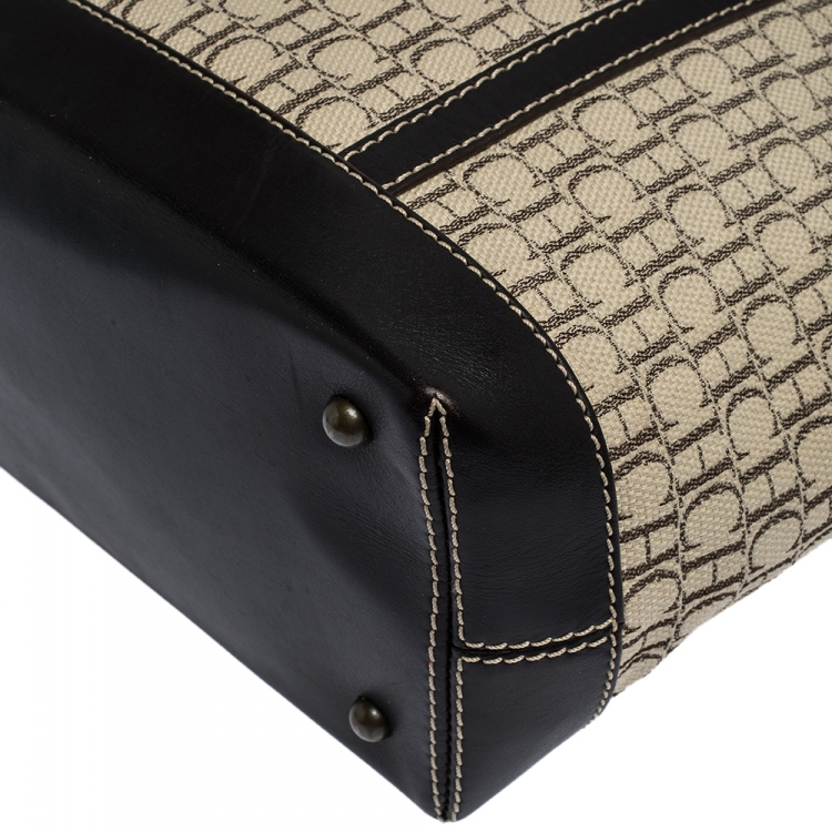 Pre Owned Carolina Herrera Beige/Brown Monogram Canvas and Leather Small Tote