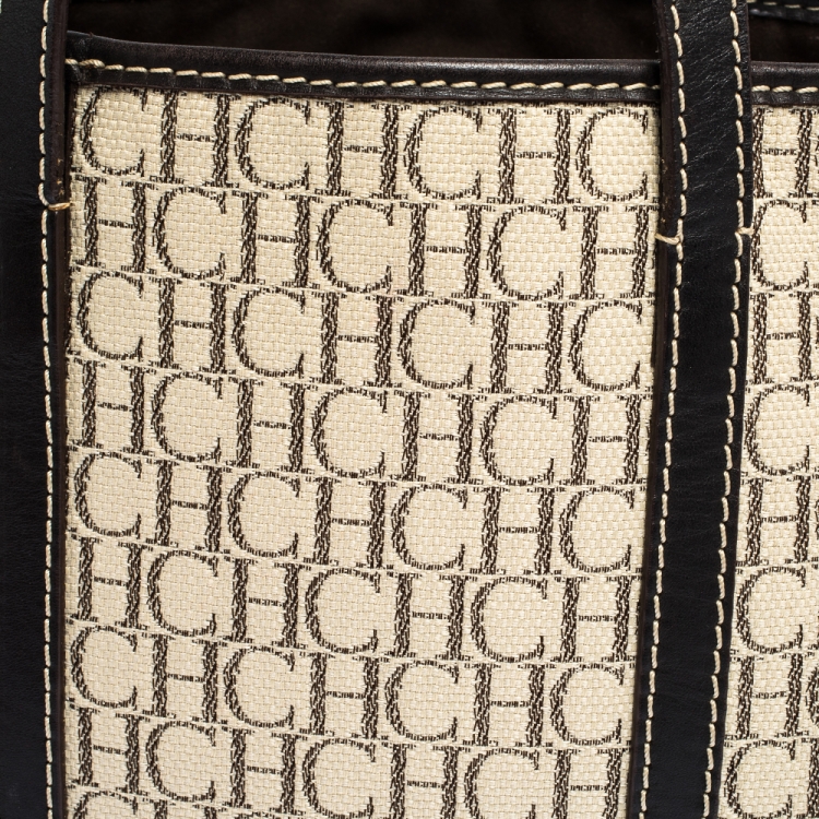 Pre Owned Carolina Herrera Beige/Brown Monogram Canvas and Leather Small Tote