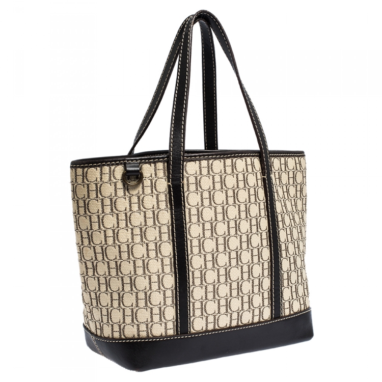 Pre Owned Carolina Herrera Beige/Brown Monogram Canvas and Leather Small Tote