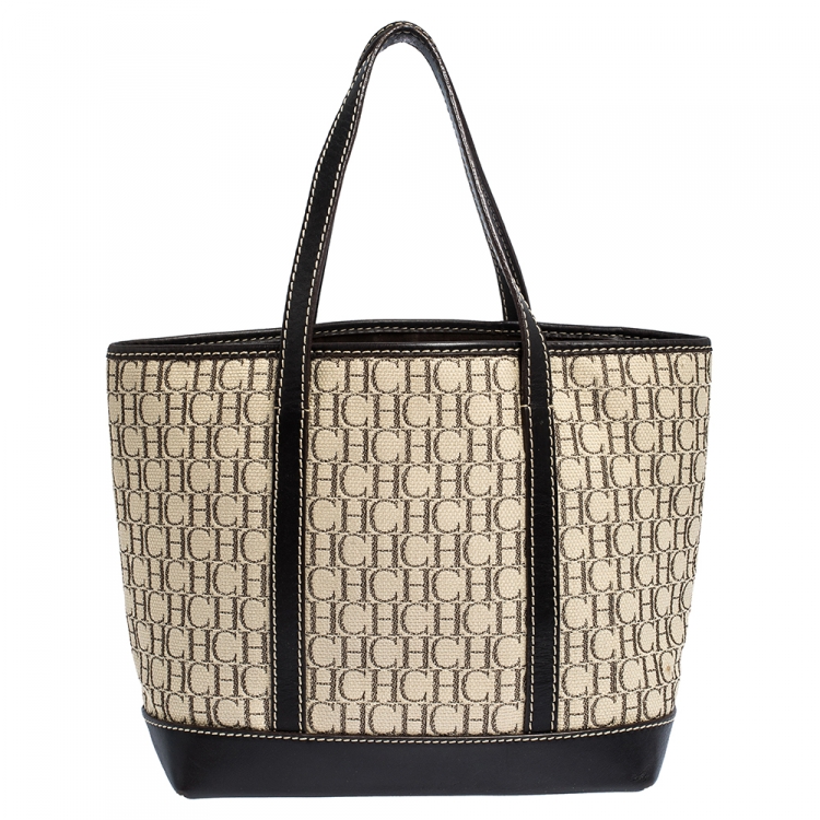 Pre Owned Carolina Herrera Beige/Brown Monogram Canvas and Leather Small Tote