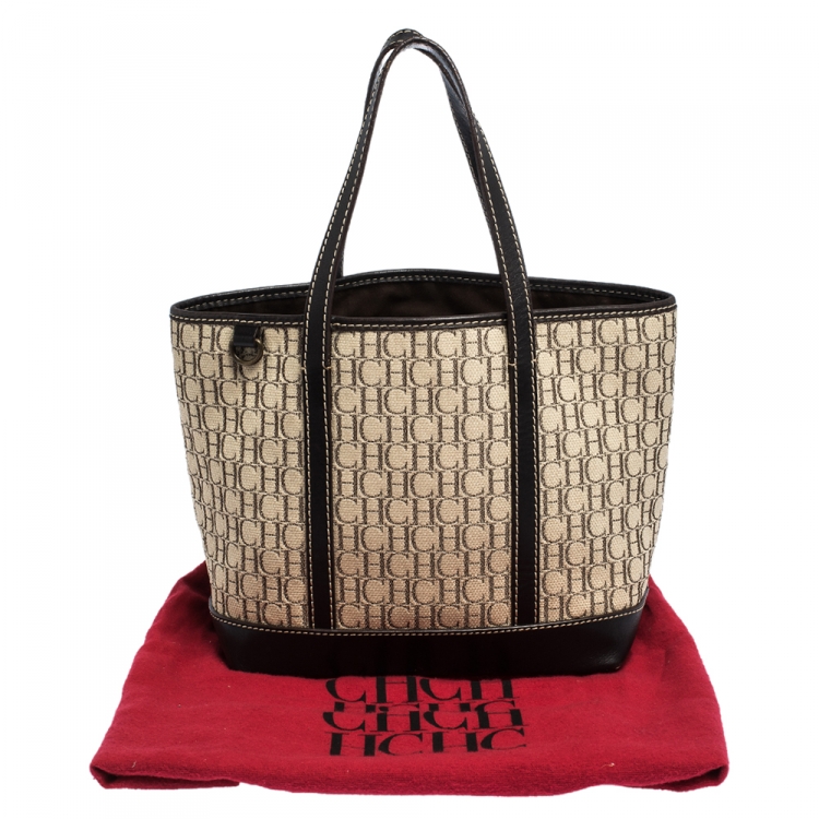 Pre Owned Carolina Herrera Beige/Brown Monogram Canvas and Leather Small Tote