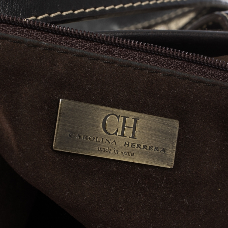 Pre Owned Carolina Herrera Beige/Brown Monogram Canvas and Leather Small Tote