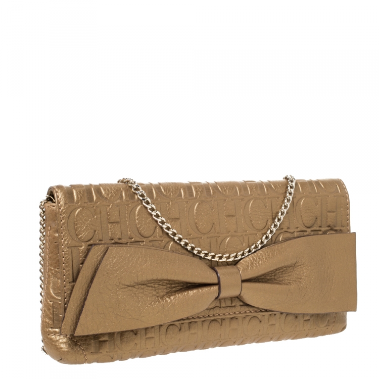 Pre Owned Carolina Herrera Gold Monogram Leather Bow Chain Clutch