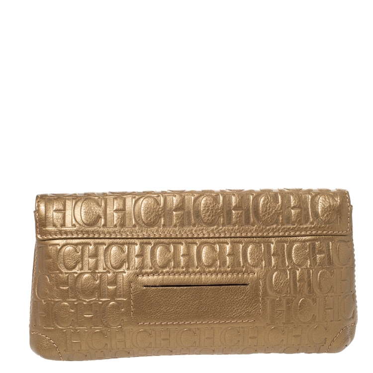 Pre Owned Carolina Herrera Gold Monogram Leather Bow Chain Clutch