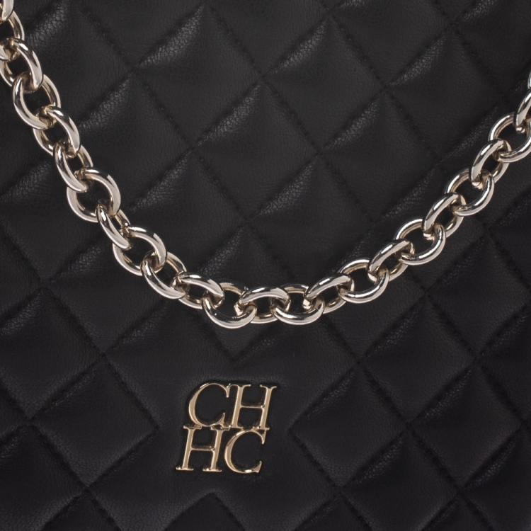 Pre Owned Carolina Herrera Black Quilted Leather Flap Chain Shoulder Bag