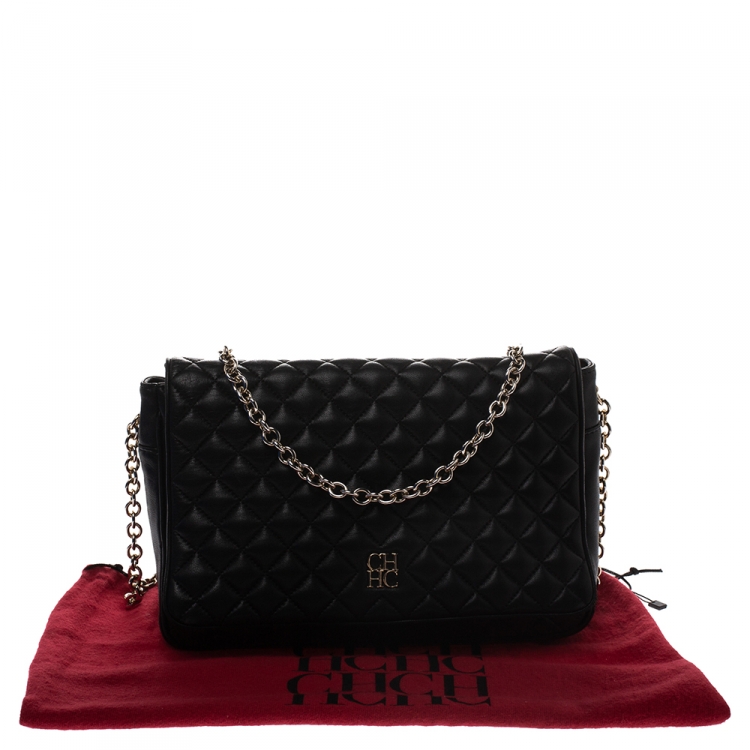 Pre Owned Carolina Herrera Black Quilted Leather Flap Chain Shoulder Bag