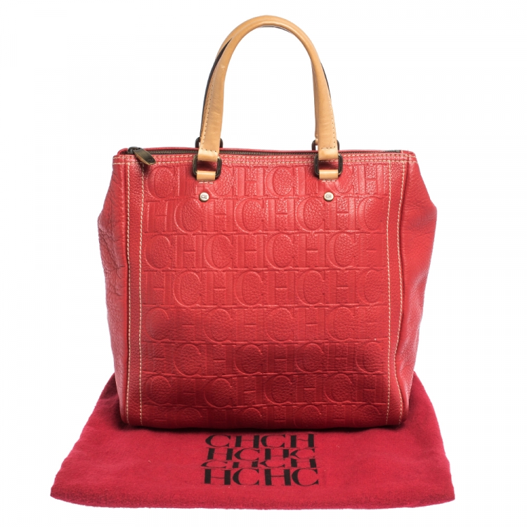 Pre Owned Carolina Herrera Red Monogram Leather Andy Boston Bag