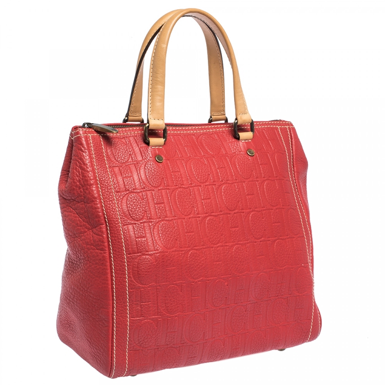 Pre Owned Carolina Herrera Red Monogram Leather Andy Boston Bag