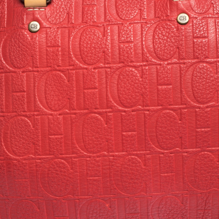 Pre Owned Carolina Herrera Red Monogram Leather Andy Boston Bag