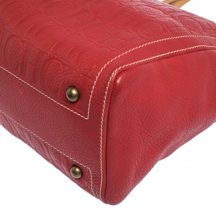 Pre Owned Carolina Herrera Red Monogram Leather Andy Boston Bag