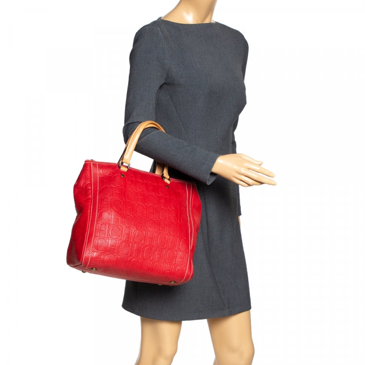 Pre Owned Carolina Herrera Red Monogram Leather Andy Boston Bag
