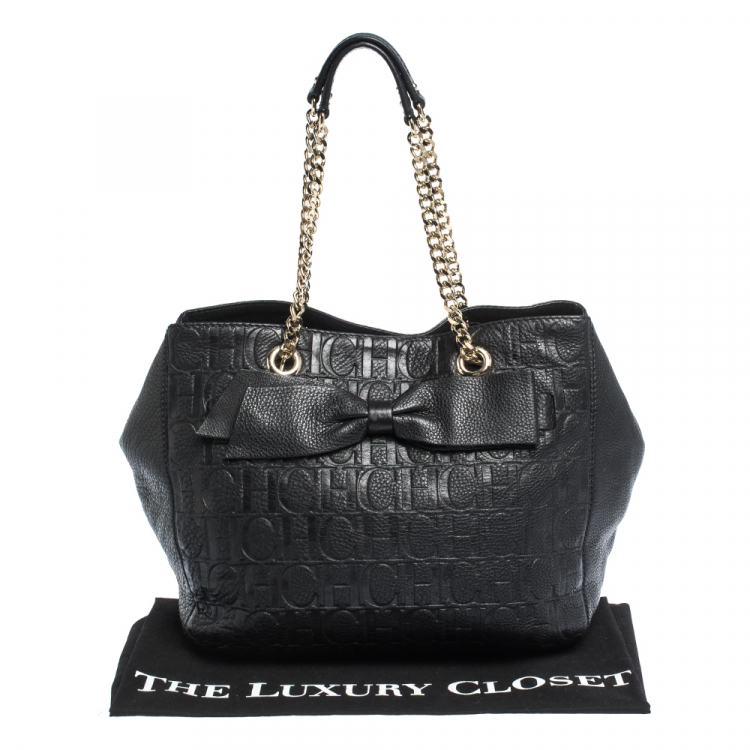 Pre Owned Carolina Herrera Black Monogram Leather Audrey Tote