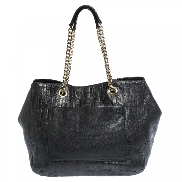 Pre Owned Carolina Herrera Black Monogram Leather Audrey Tote