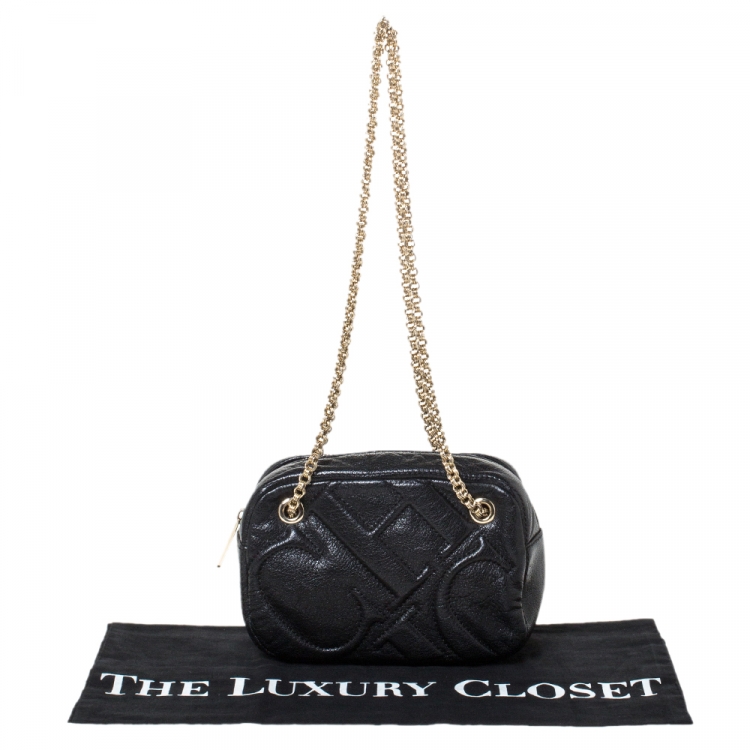 Pre Owned Carolina Herrera Black Leather Embossed Logo Camera Bag