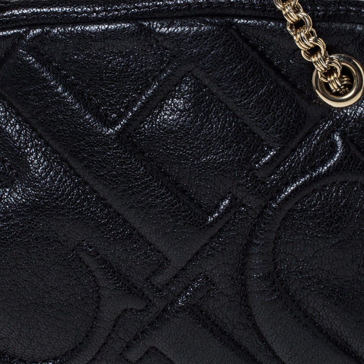 Pre Owned Carolina Herrera Black Leather Embossed Logo Camera Bag