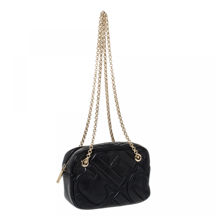 Pre Owned Carolina Herrera Black Leather Embossed Logo Camera Bag