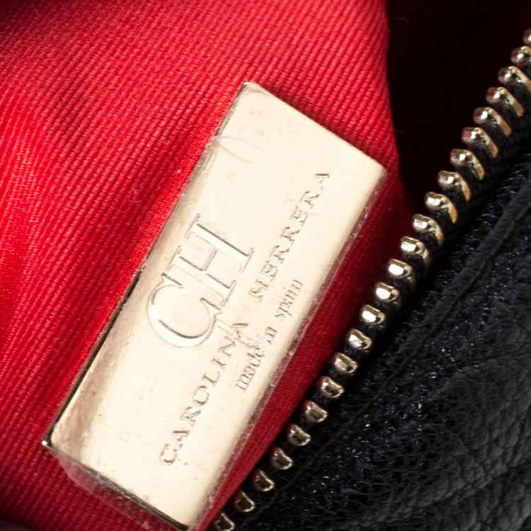 Pre Owned Carolina Herrera Black Leather Embossed Logo Camera Bag