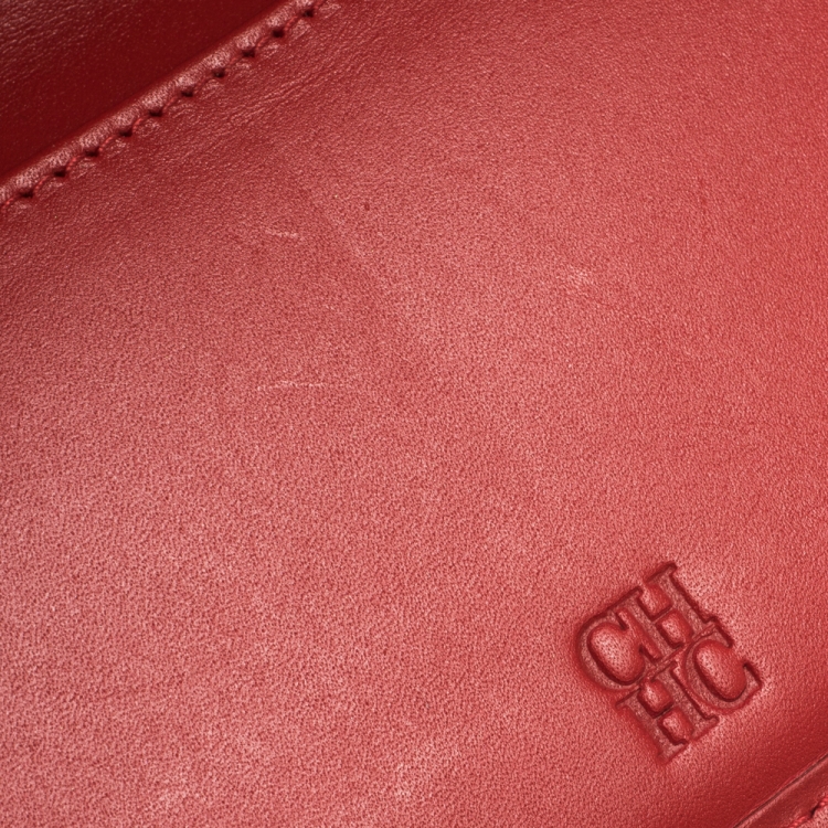 Pre Owned Carolina Herrera Red Leather And Beige Monogram Canvas Continental Wallet