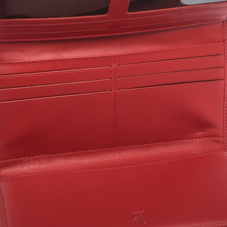 Pre Owned Carolina Herrera Red Leather And Beige Monogram Canvas Continental Wallet