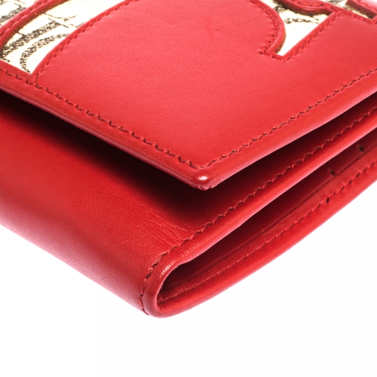 Pre Owned Carolina Herrera Red Leather And Beige Monogram Canvas Continental Wallet