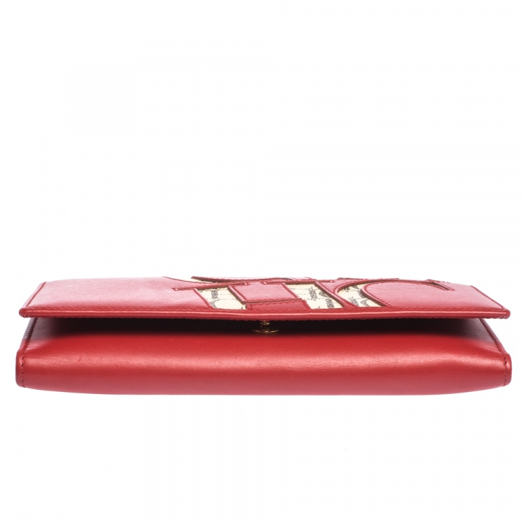 Pre Owned Carolina Herrera Red Leather And Beige Monogram Canvas Continental Wallet