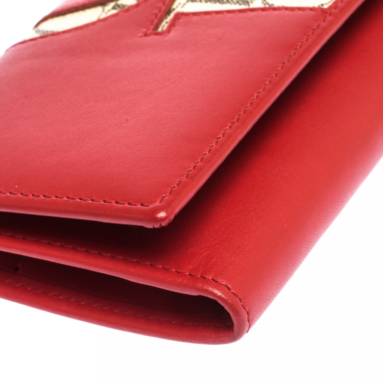 Pre Owned Carolina Herrera Red Leather And Beige Monogram Canvas Continental Wallet
