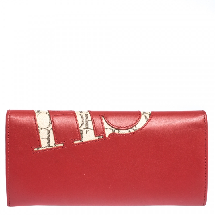 Pre Owned Carolina Herrera Red Leather And Beige Monogram Canvas Continental Wallet