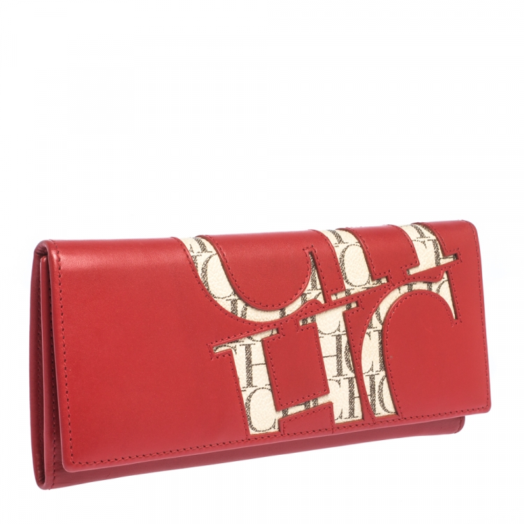 Pre Owned Carolina Herrera Red Leather And Beige Monogram Canvas Continental Wallet